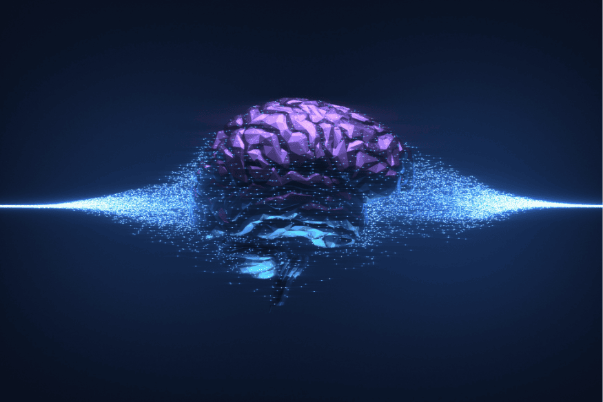 Cérebro digital roxo sendo formado por partículas de dados em fundo escuro, representando o poder da inteligência artificial.