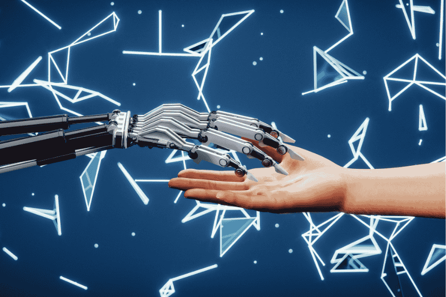 Mão humana tocando mão robótica com fundo digital representando conexão entre homem e IA